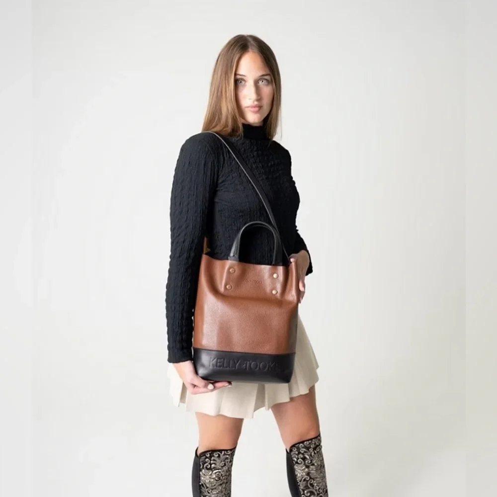 Brown and Dark Brown Leather Tote Satchel - Picture 6 of 6